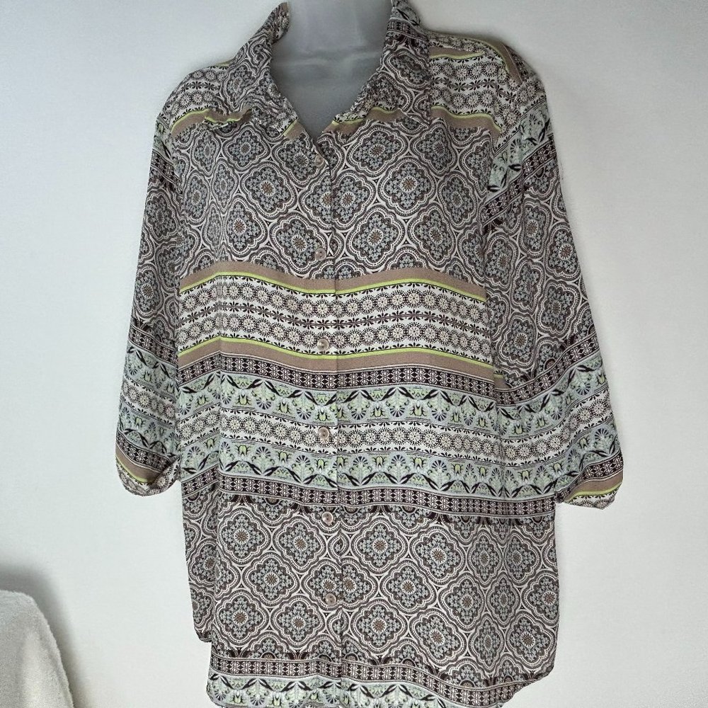 Bon Worth Brown White Blue‎ Paisley Blouse Medium